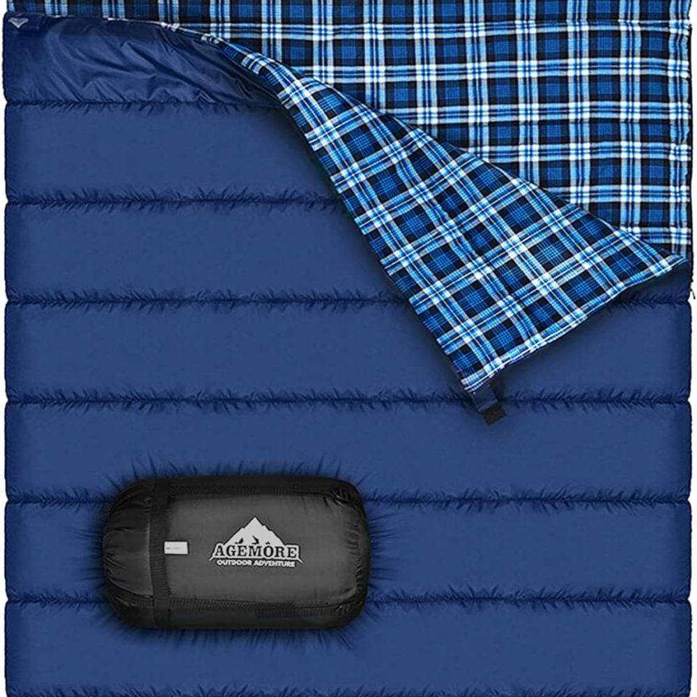 AGEMORE Cotton Flannel Double Sleeping Bag for Camping, Backpacking Or Hiking. Queen Size 2 Person Waterproof Sleeping Bag for Adults Or Teens. Lightweight with Compression Sack