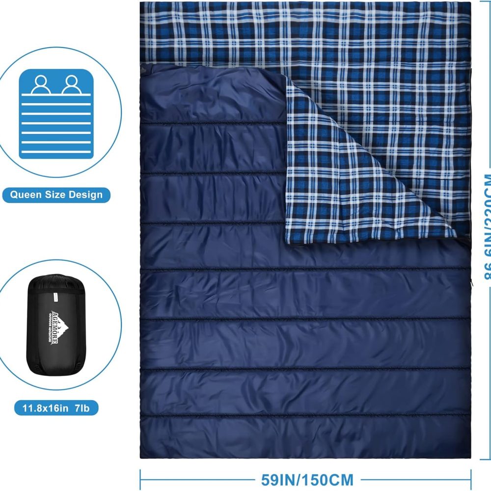 AGEMORE Cotton Flannel Double Sleeping Bag for Camping, Backpacking Or Hiking. Queen Size 2 Person Waterproof Sleeping Bag for Adults Or Teens. Lightweight with Compression Sack - Image 9