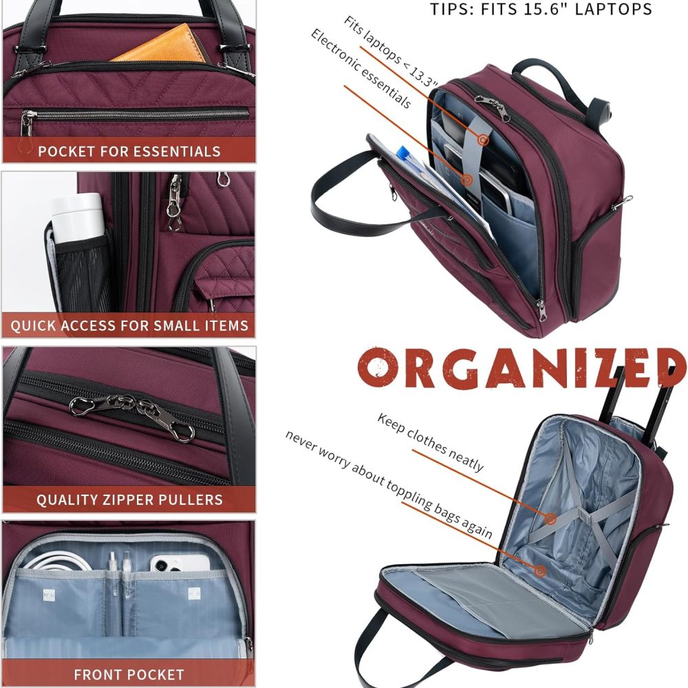 KROSER Carry On Underseat Multi-functional, 16-inch Underseater Lightweight Overnight Suitcase for Women, Burgundy - Image 4